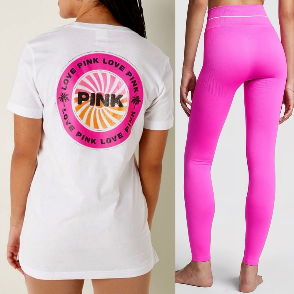 VS Pink LG or XL Tropical Shine White Campus Tee & Matching Pink Berry Leggings